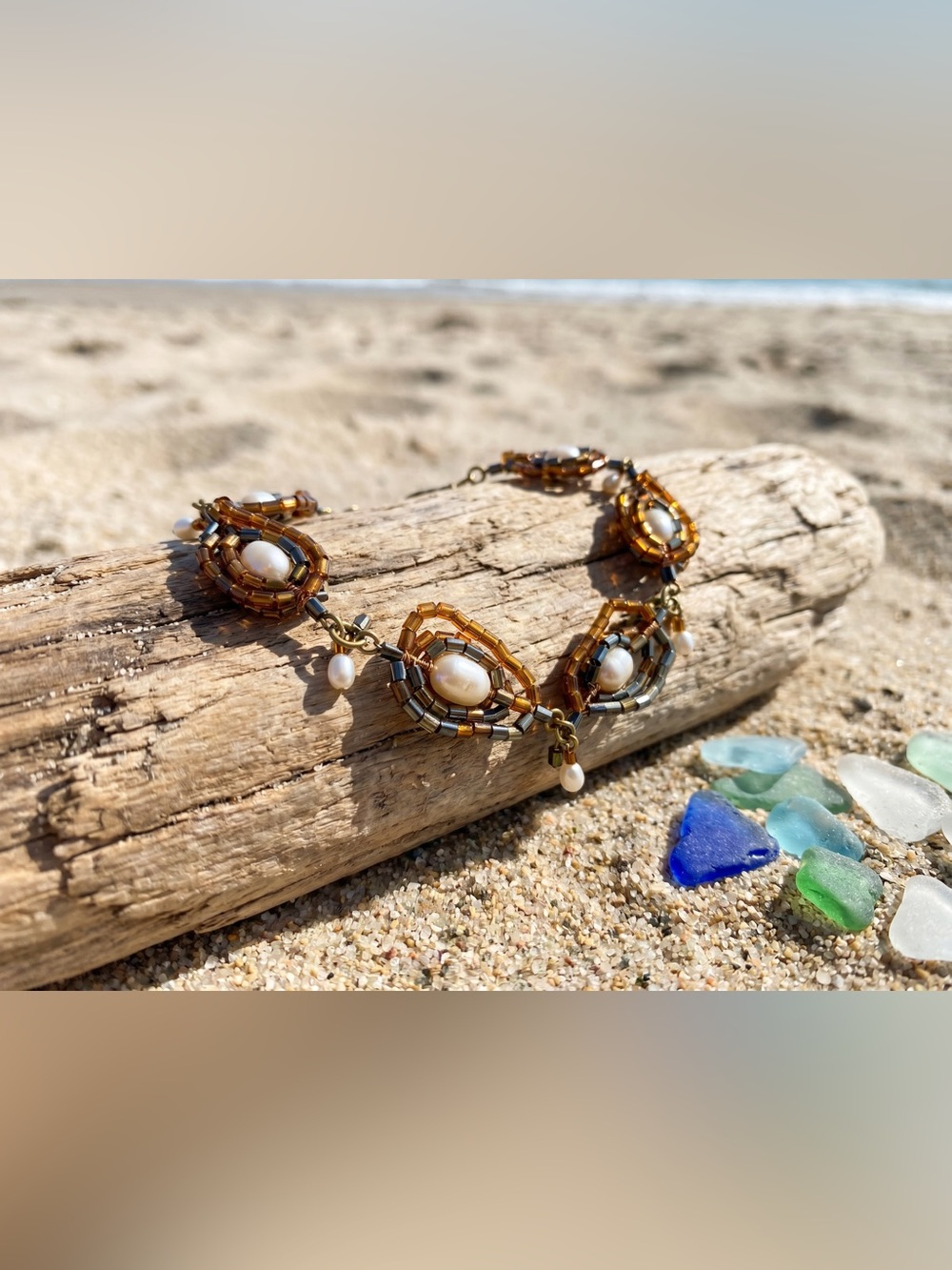 Artisan Beaded Pearl Bracelet | Boho Metallic Bead Bracelet
